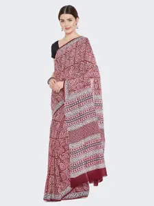 Kalakari India Red & White Bagh Hand Block Print Handcrafted Cotton Sustainable Saree