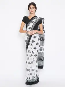 Kalakari India White & Black Pure Cotton Printed Sustainable Saree