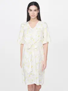 AND Women Off-White & Yellow Printed A-Line Dress