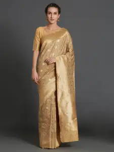 Mitera Beige Silk Blend Woven Design Kanjeevaram Saree
