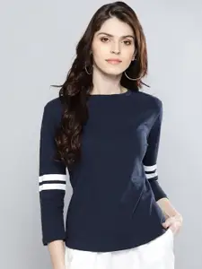 Harpa Women Navy Blue Solid Round Neck T-shirt