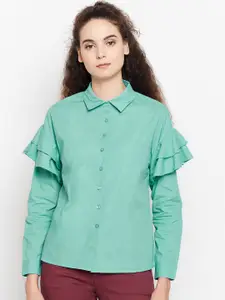 Oxolloxo Women Sea Green Ruffled Regular Fit Solid Casual Shirt