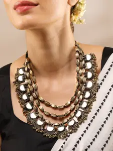 Rubans Dual Tone in Silver and Gold, Mirror Detailing with Gold Beads Multilayer Necklace