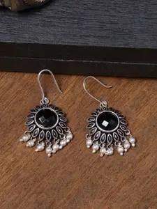 Voylla Silver-Plated & Black Floral Drop Oxidised Earrings