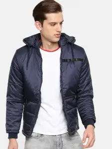 Fort Collins Men Navy Solid Padded Jacket with Detachable Hood