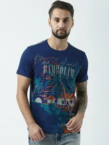 Huetrap Men Blue Printed Round Neck T-shirt