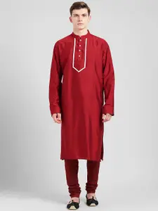 KISAH Men Red Solid Banarasi Straight Kurta