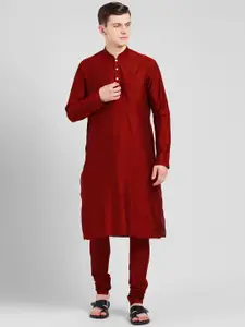 KISAH Men Red Solid Banarasi Straight Kurta