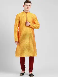 KISAH Men Orange Woven Design Chanderi Straight Kurta