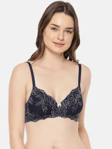 Amante Navy Blue Self Design Non-Wired Lightly Padded T-shirt Bra