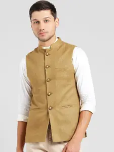 KISAH Men Beige Woven Design Nehru Jacket
