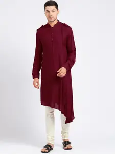 KISAH Men Maroon & Off-White Solid Kurta with Churidar