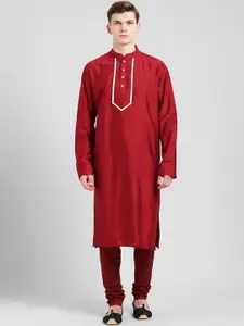 KISAH Men Red Solid Kurta with Churidar