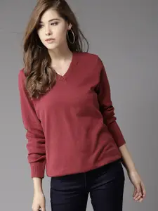 HERE&NOW Women Maroon Solid V-Neck Pullover
