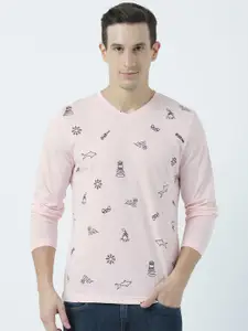 Huetrap Men Pink Printed V-Neck T-shirt