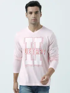 Huetrap Men Pink Printed V-Neck T-shirt