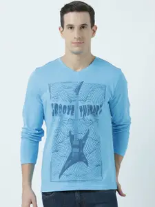 Huetrap Men Turquoise Blue Printed V-Neck T-shirt