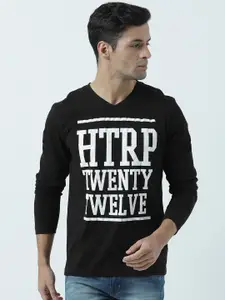 Huetrap Men Black Printed V-Neck Pure Cotton T-shirt