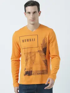 Huetrap Men Orange Printed V-Neck T-shirt