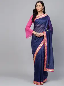Saree mall Navy Blue & Pink Embellished Saree