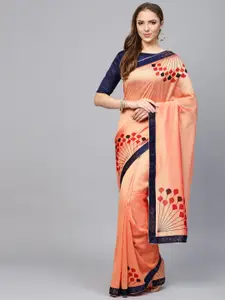 Saree mall Peach-Coloured & Navy Blue Printed Banarasi Saree