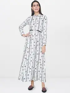 Global Desi Women White & Black Printed A-Line Dress
