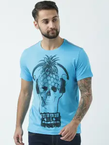 Huetrap Men Turquoise Blue Printed Round Neck T-shirt