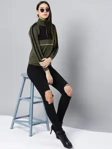 Harpa Women Olive Green & Black Solid Sweatshirt