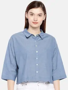 AND Women Grey Regular Fit Solid Crop Casual Shirt