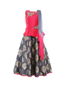BETTY Girls Pink & Grey Embroidered Unstitched Lehenga & Blouse with Dupatta