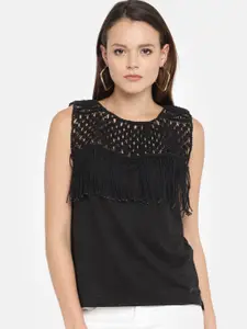 Pepe Jeans Women Black Self Design Knitted Top