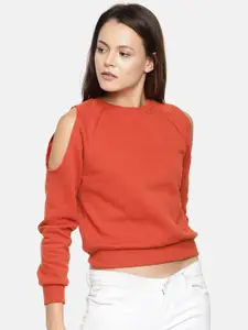 CAMLA Women Orange Solid Cold-Shoulder Cropped Sweatshirt