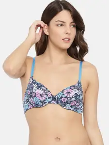 Bwitch Navy Blue & Pink Printed Underwired Lightly Padded T-shirt Bra