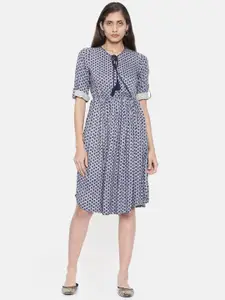Rangriti Women Navy Blue Printed Fit and Flare Dress