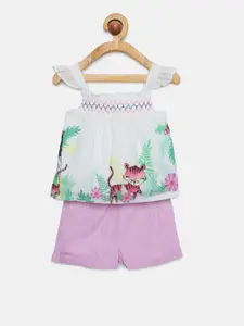 Nauti Nati Girls White & Pink Printed Top with Shorts
