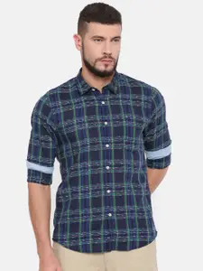 Pepe Jeans Men Navy Blue & Green Slim Fit Checked Casual Shirt