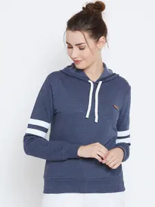 The Dry State Women Navy Blue Solid Hooded Sweatshirt