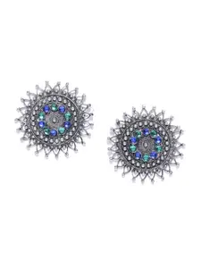 Infuzze Oxidised Silver-Toned & Blue Beaded Circular Drop Earrings