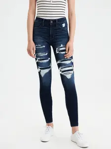 AMERICAN EAGLE OUTFITTERS Women Navy Blue Regular Fit Mid-Rise Highly Distressed Stretchable Jeans