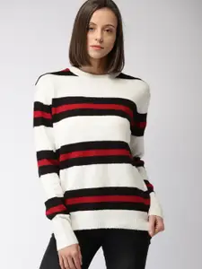 FOREVER 21 Women White & Black Striped Pullover Sweater