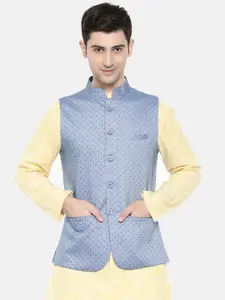 The Indian Garage Co Men Blue Geometric Printed Nehru Jacket
