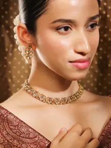 Rubans 22K Gold-Plated Kundan Stone Studded Necklace Set with Teardrop Shaped Earrings