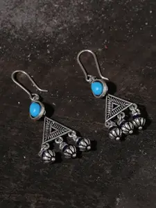 Voylla Silver-Toned & Blue Triangular Oxidised Drop Earrings