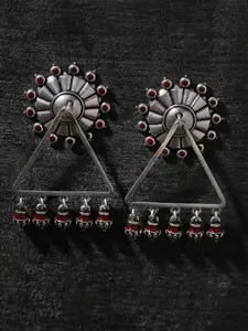 Voylla Silver-Toned & Maroon Triangular Drop Earrings