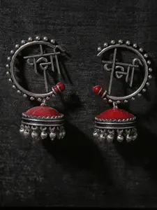 Voylla Silver-Toned & Red Dome Shaped Oxidised Jhumkas