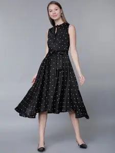 Tokyo Talkies Women Black Polka Dot Print Fit and Flare Dress