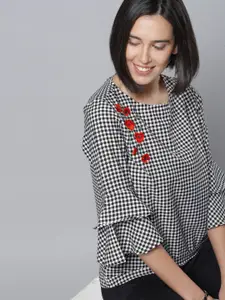 Tokyo Talkies Black & White Checked Embroidered Top
