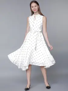 Tokyo Talkies White Polka Dot Print Fit and Flare Dress