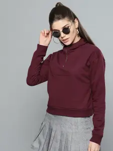 Harpa Women Burgundy Solid Hooded Sweatshirt