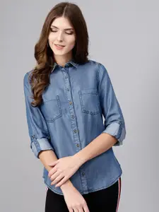 STREET 9 Women Blue Regular Fit Solid Chambray Casual Shirt
